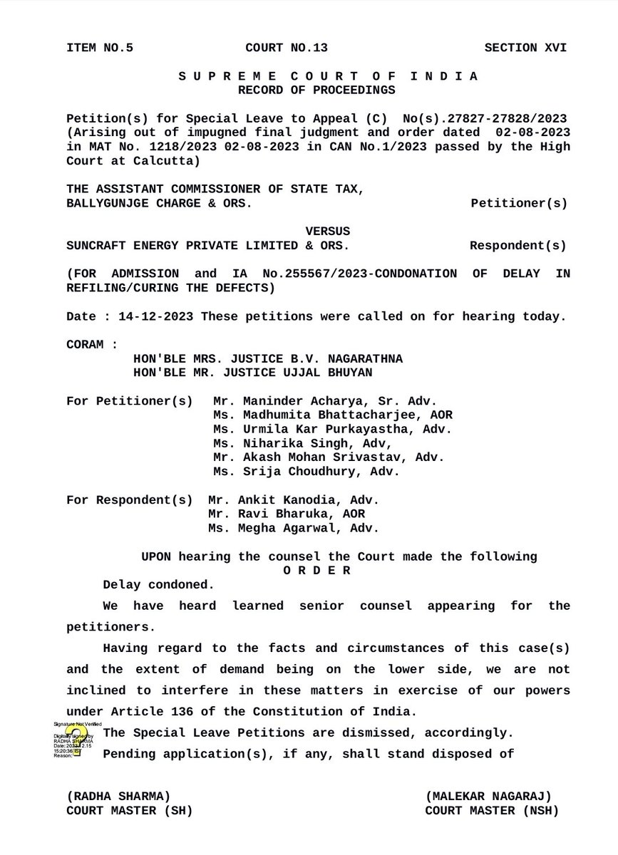 💥💥📌📌 Much Awaited Order Copy:

✅ Supreme Court dismissed the department’s SLP against the Calcutta HC judgment in the case of Suncraft Energy Pvt. Ltd., Safeguarding Input Tax Credit for Honest Taxpayers

#GST #GSTITC #InputTaxCredit #GSTwithBimalJain #a2ztaxcorpllp