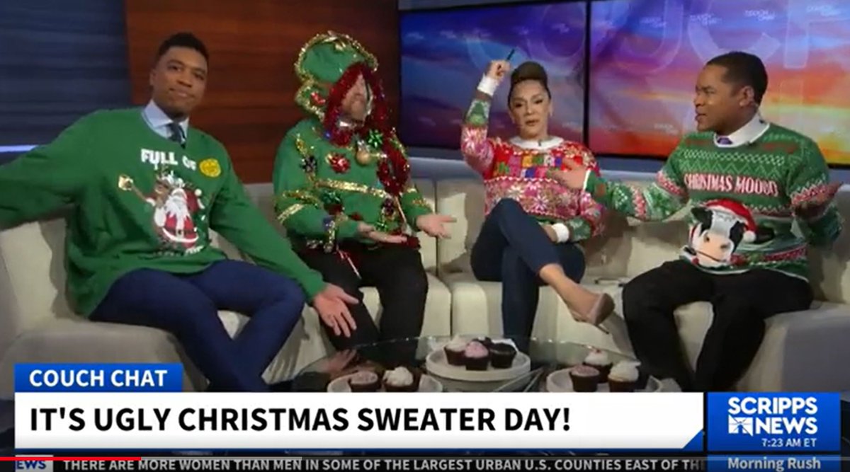 Brian Donlon (@brian_donlon) on Twitter photo No one celebrates #UglySweaterDay like the "Morning Rush" team on <a href="/scrippsnews/">Scripps News</a> with @robnelsontv <a href="/ItsAlexOnTV/">Alex Livingston</a> , <a href="/BryantCP/">Christian P. Bryant</a> and <a href="/ScottWithersWX/">Scott Withers</a> see it here youtu.be/iLgUTB9B_9k PLUS it's also #CupCake day #UglyChristmasSweater No one celebrates #UglySweaterDay like the "Morning Rush" team on <a href="/scrippsnews/">Scripps News</a> with @robnelsontv <a href="/ItsAlexOnTV/">Alex Livingston</a> , <a href="/BryantCP/">Christian P. Bryant</a> and <a href="/ScottWithersWX/">Scott Withers</a> see it here youtu.be/iLgUTB9B_9k PLUS it's also #CupCake day #UglyChristmasSweater
