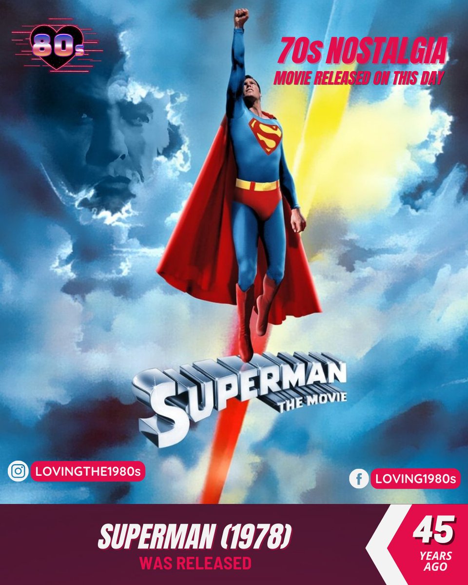 Which iconic superhero movie was released 45 years ago today? Superman (1978)
📷 #Lovingthe80s #80sNostalgia #70smovie #Superheromovie #Superman #ChristopherReeve