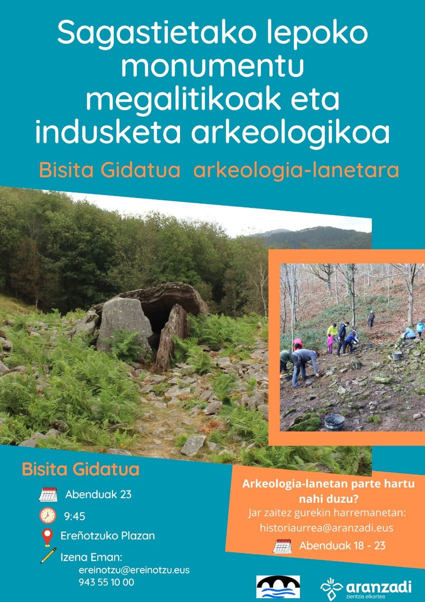 ‼️ Bisita Gidatua Sagastietako lepoko monumentu megalitikoak eta indusketa arkeologikoa 📅 Abenduak 23 ⏱️ 9:45 📍 Ereñotzuko plaza ✍️ ereinotzu@ereinotzu.eus / 943551000 👉 Arkeologi-lanetan parte hartu nahi baduzu: historiaurrea@aranzadi.eus