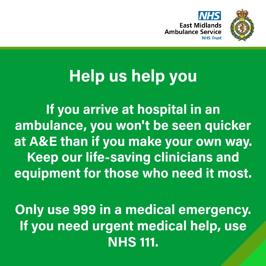 EMASNHSTrust's tweet image. Our call handlers, crews and volunteers are working tirelessly to help people with the greatest clinical need.

Please consider the alternative services available and if it’s possible to make your own way: 
nhs.uk/nhs-services/s…