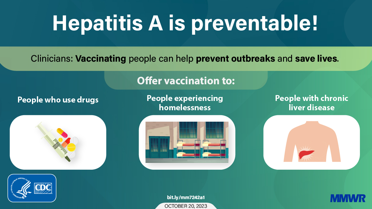 #Clinicians: Increasing #HepatitisA vaccination rates among adults, especially those at increased risk of infection, is critical to prevent future outbreaks and deaths from #HepA. Learn more: bit.ly/45GqkE9 #VaccinesWork