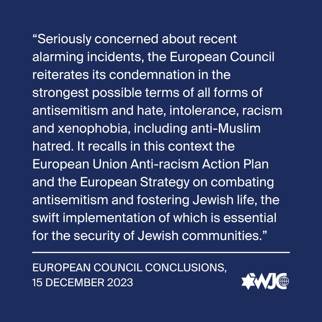 The European Council 🇪🇺 has released its Conclusions which firmly condemn antisemitism. As anti-Jewish hatred skyrockets around the globe, we’re grateful that leaders across the EU have heard our voices and are doubling-down on their commitment to protect Jewish communities.…