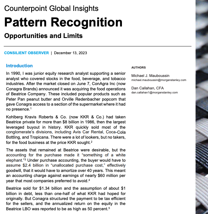 KoyfinCharts's tweet image. Mauboussin &amp;amp; Callahan recently shared a great paper on the opportunities and limits of pattern recognition.

&quot;Pattern recognition works at the intersection of intuition and expertise - understanding something without conscious thought&quot;.

🧵 Our 11 favourite highlights: