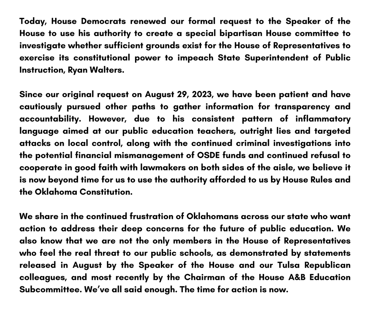 House Democrats renewed our formal request to the Speaker of the House to use his authority to create a special bipartisan House committee to investigate whether sufficient grounds exist for the House to exercise its constitutional power to impeach the State Superintendent.