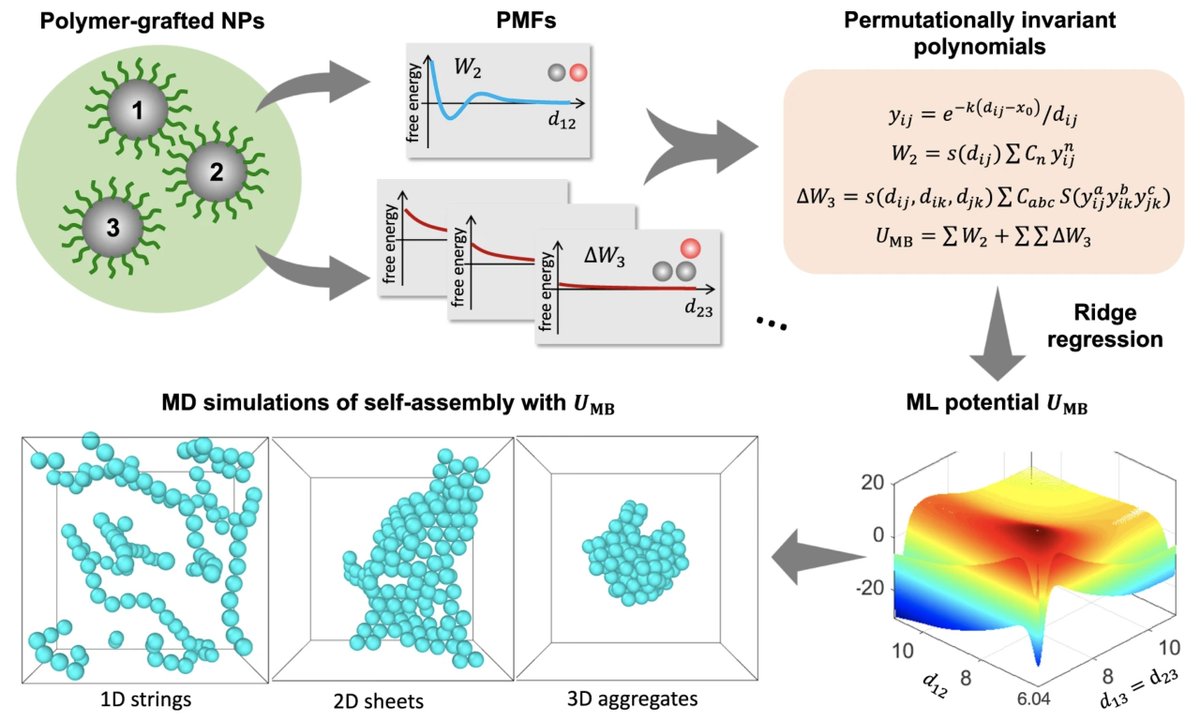 Excited to share this paper (rdcu.be/dtHUr) from  our group on development of ML potentials to describe the effective #manybody interactions between polymer-grafted nanoparticles in a polymer melt, enabling exploration of their large-scale self-assembly behavior.