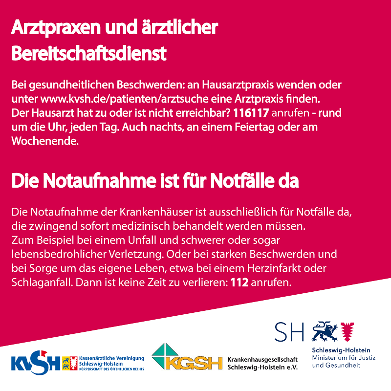 #Krank im @Land_SH ? 👩‍⚕️Arztsuche der KVSH unter kvsh.de/patienten/arzt… ; 📱 24h Patientenservice unter @116117 . 🏥❗️Die #Notaufnahme der #Krankenhäuser ist nur für echte #Notfälle da: dann 112 anrufen. #Notaufnahmen #Krankheit #Notfälle