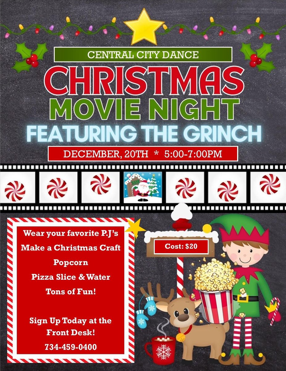 Put on your favorite PJ's and join Ms. Lyssa on Wed, Dec 20th from 5-7pm for Movie Night at Central City Dance. 💚❤️💚❤️ Call tonight between 5-7pm to register! 734-459-0400