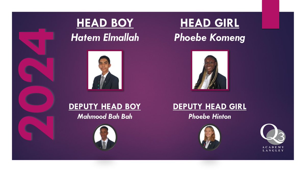Q3 Academy Langley (@q3langley) on Twitter photo Congratulations to our new Head Boy / Girl and their deputies for 2024 <a href="/q3langley/">Q3 Academy Langley</a> ! Congratulations to our new Head Boy / Girl and their deputies for 2024 <a href="/q3langley/">Q3 Academy Langley</a> !