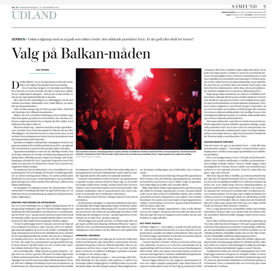 BCSP researcher @m_bjelos for the Danish @weekendavisen emphasised that the biggest tension in this year's elections is who will win control of #Belgrade, adding that Belgraders are dissatisfied with poor governance, infrastructure, urban violence, pollution, among other things.