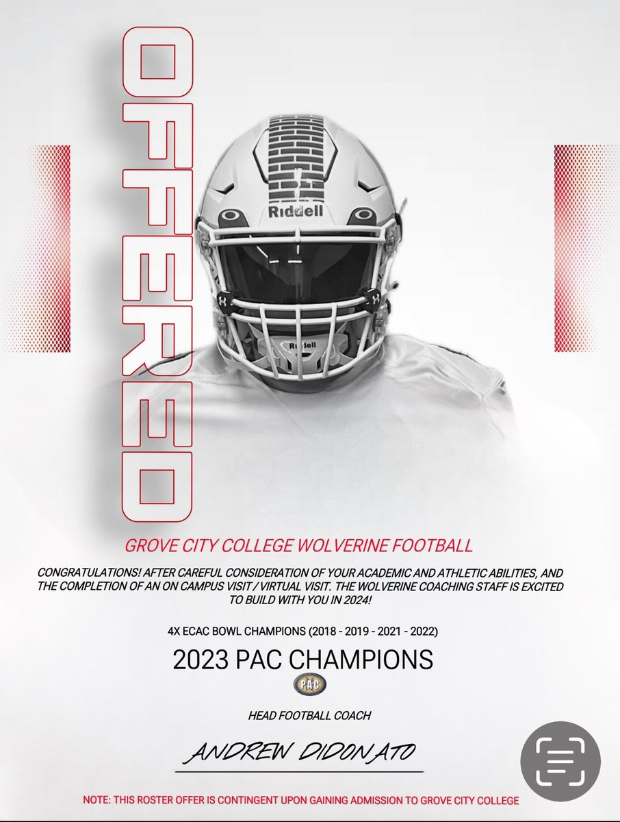 Excited to receive an offer from  <a href="/GCC_FB/">Grove City Football</a> . Incredibly run program and beautiful school. Thank you <a href="/CoachBBrest/">Coach Bill Brest</a> <a href="/CoachDiDonato/">Andrew DiDonato</a>