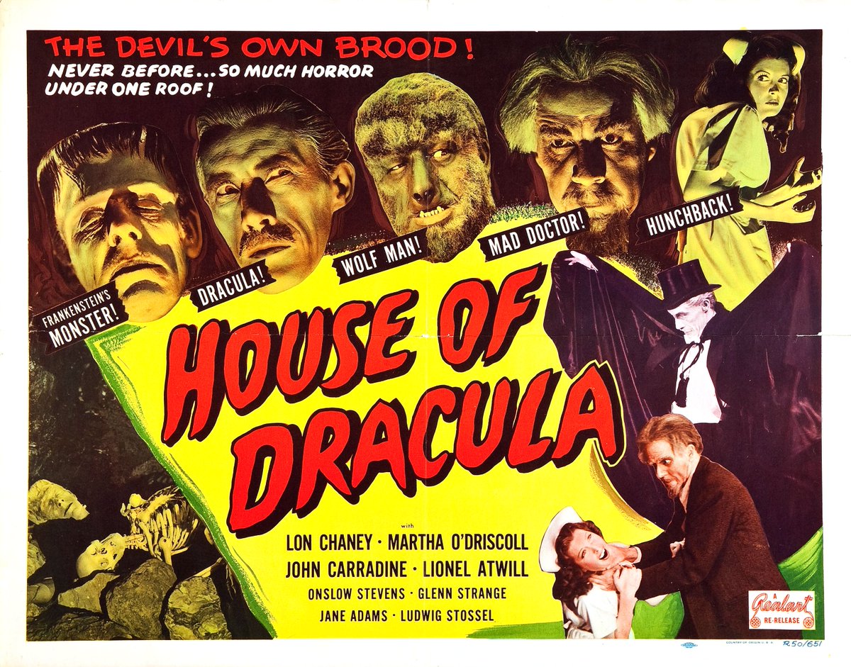 The House of Dracula: the end of the line for Universal's classic monster series, and something of an interesting misfire. Still full of good stuff.

#UniversalMonsters #halfsheet #Frankenstein #Dracula #Wolfman #JohnCarradine #GlennStrange #LonChaney #HorrorCommunity #MONSTERS