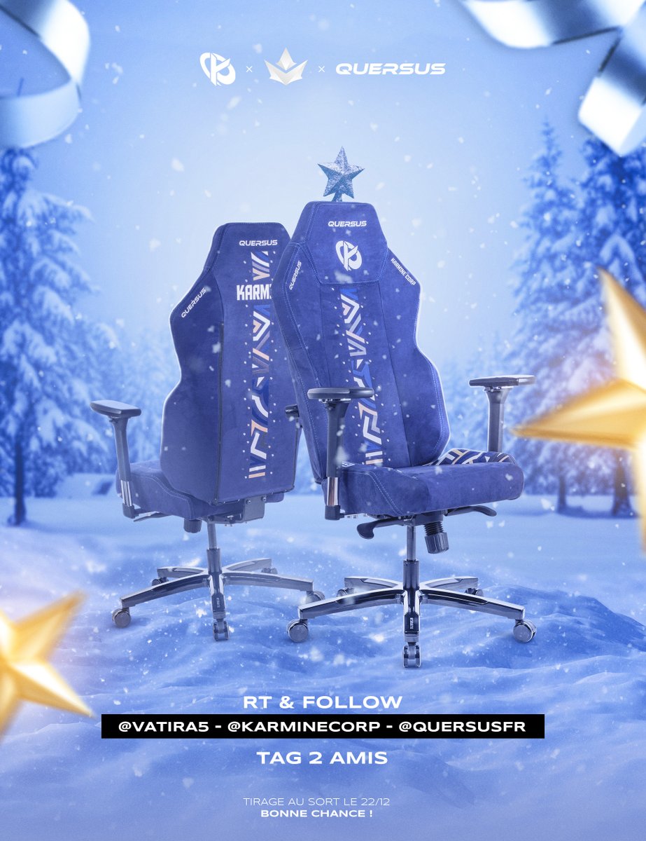 Vatira (@vatira5) on Twitter photo La Team, à l'occasion de leurs soldes de Noël on a décidé de vous régaler avec <a href="/KarmineCorp/">Karmine Corp</a> & <a href="/QuersusFR/">Quersus France</a> 🎄
Vous pouvez tenter de gagner une chaise QUERSUS Edition Karmine Corp !
Pour participer :
- Follow <a href="/Vatira5/">vati</a>, <a href="/KarmineCorp/">Karmine Corp</a> & <a href="/QuersusFR/">Quersus France</a>
- RT
- Tag 2 amis
TAS le 22/12 La Team, à l'occasion de leurs soldes de Noël on a décidé de vous régaler avec <a href="/KarmineCorp/">Karmine Corp</a> & <a href="/QuersusFR/">Quersus France</a> 🎄
Vous pouvez tenter de gagner une chaise QUERSUS Edition Karmine Corp !
Pour participer :
- Follow <a href="/Vatira5/">vati</a>, <a href="/KarmineCorp/">Karmine Corp</a> & <a href="/QuersusFR/">Quersus France</a>
- RT
- Tag 2 amis
TAS le 22/12