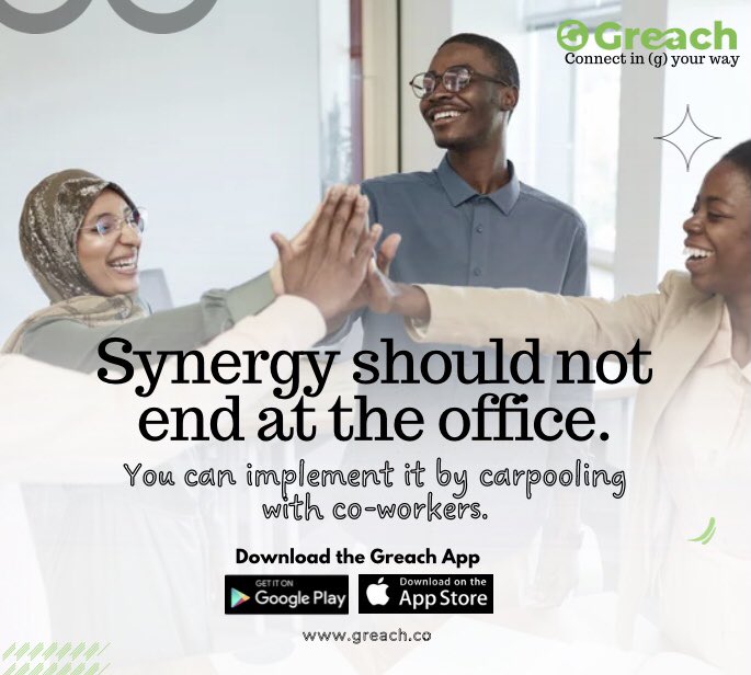 GreachRides's tweet photo. Carpooling is a great way to bond with your co-workers, as it’s an avenue to bring you closer.

Want to start carpooling? Head over to the App Store or Google play store to download the Greach app. https://t.co/rFZ0nnAasb