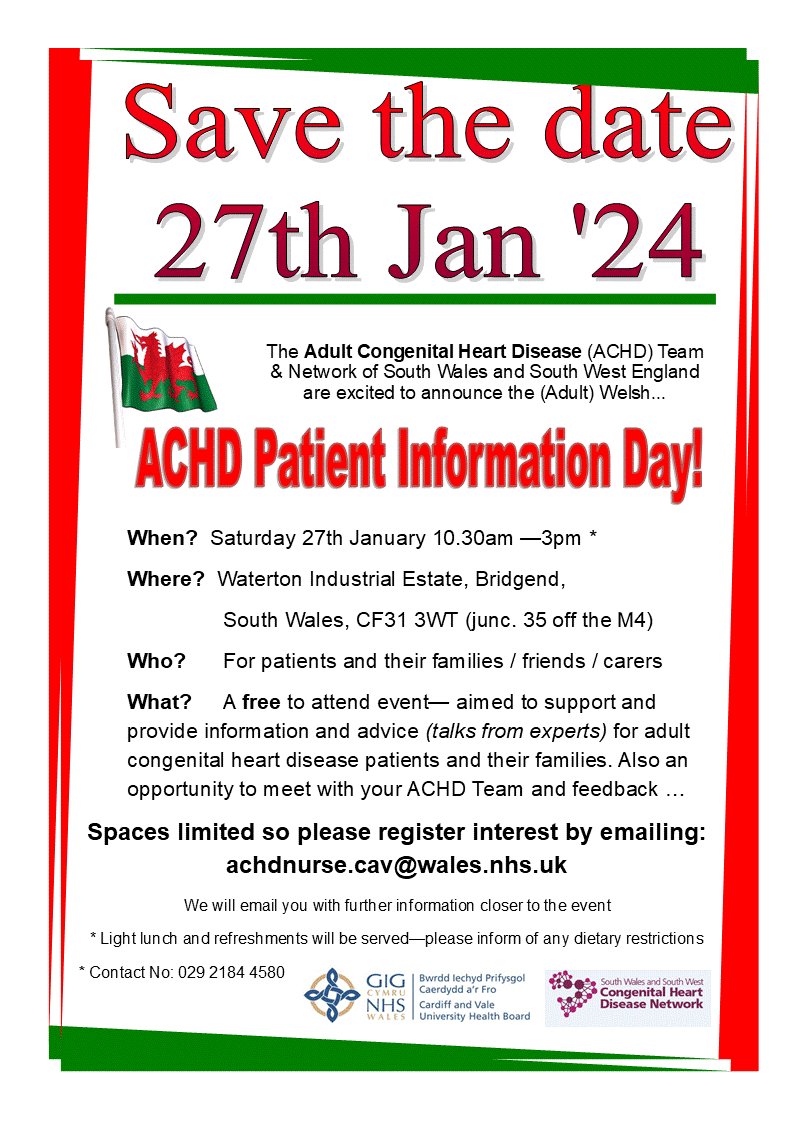 The South Wales #ACHD team are excited to announce our forthcoming 'Patient Information Day'! Sat 27th Jan at the Waterton Centre, Bridgend. Topics include lifestyle&exercise,medications, emotional health &well-being,benefits advice,CPR training & more! Email for more info!