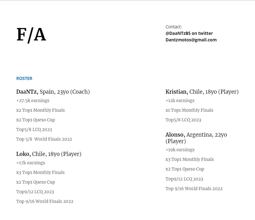 We are looking for an org to represent in Brawl Stars in the 2024 season in Latam region.

Coach:
<a href="/DaaNTzBS/">DaaNTz</a>
Players:
<a href="/_Cristi44n/">SKC Kr</a>
@Loko_TronCs
<a href="/AlonsoBS_/">AlonsØ</a>

For more info and goals for 2024, DM <a href="/DaaNTzBS/">DaaNTz</a> or email dantzmotos@gmail.com