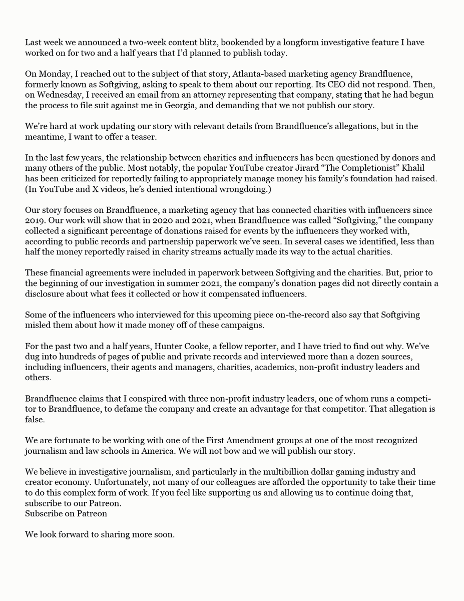 For the past two and a half years, @ByHunterCooke and I have investigated influencers and charity streams. 

This week, the subject of our forthcoming story Brandfluence, formerly known as Softgiving, started the process to sue me in Fulton County, Georgia.