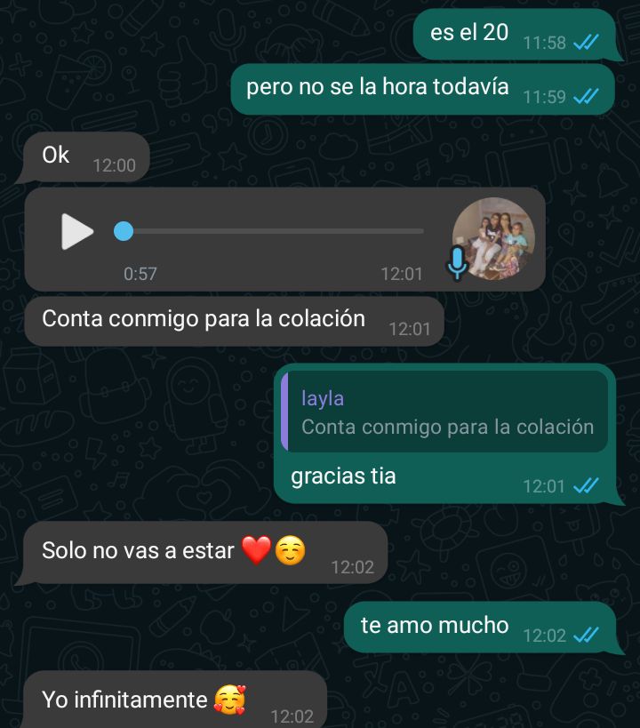mi vieja dice que no va a ir a mí colación porque no me lo merezco 
mí tía: