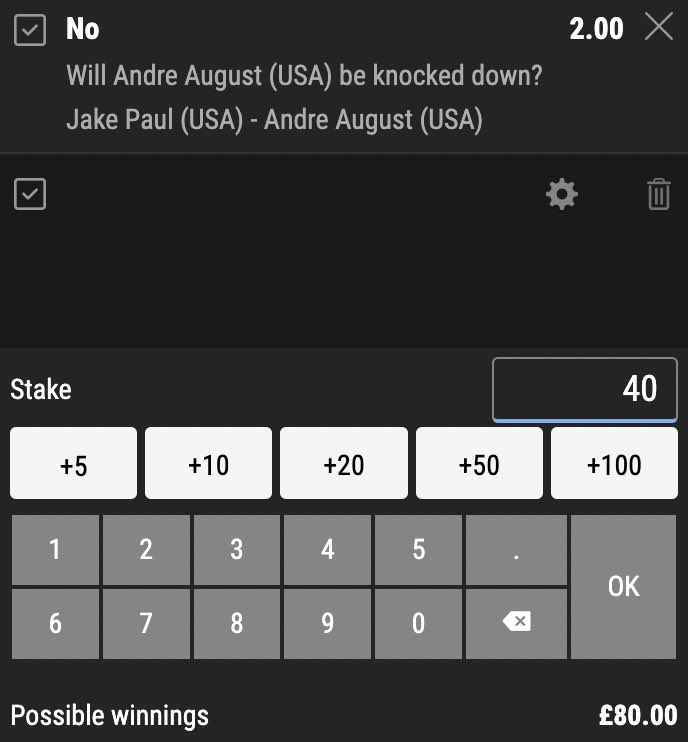 Stan4Chain's tweet image. Jake Paul v Andre August 🥊

▪️Stake £35 on August to be knocked down on Paddy Power 🟢

▪️Stake £40 on August NOT to be knocked down on Bwin 🟡

▪️Guarantees £9 or £5 profit 🔥

#Boxing #Betting #JakePaul