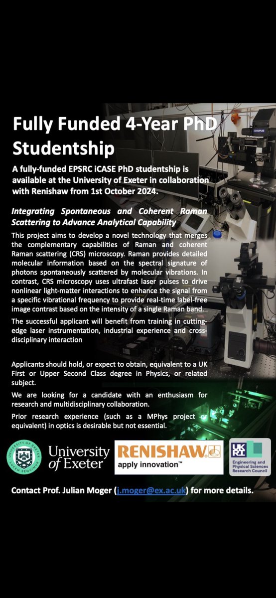 Prof Julian Moger (@julian_moger) on Twitter photo A fully-funded 4-year EPSRC iCASE PhD studentship is available at <a href="/UoE_Physics/">University of Exeter Physics and Astronomy</a> in collaboration with Renishaw from 1st October 2024. Please circulate to students with an interest in photonics/spectroscopy <a href="/clirspec/">clirspec</a> <a href="/CLIRPath_AI/">CLIRPath-AI</a> A fully-funded 4-year EPSRC iCASE PhD studentship is available at <a href="/UoE_Physics/">University of Exeter Physics and Astronomy</a> in collaboration with Renishaw from 1st October 2024. Please circulate to students with an interest in photonics/spectroscopy <a href="/clirspec/">clirspec</a> <a href="/CLIRPath_AI/">CLIRPath-AI</a>