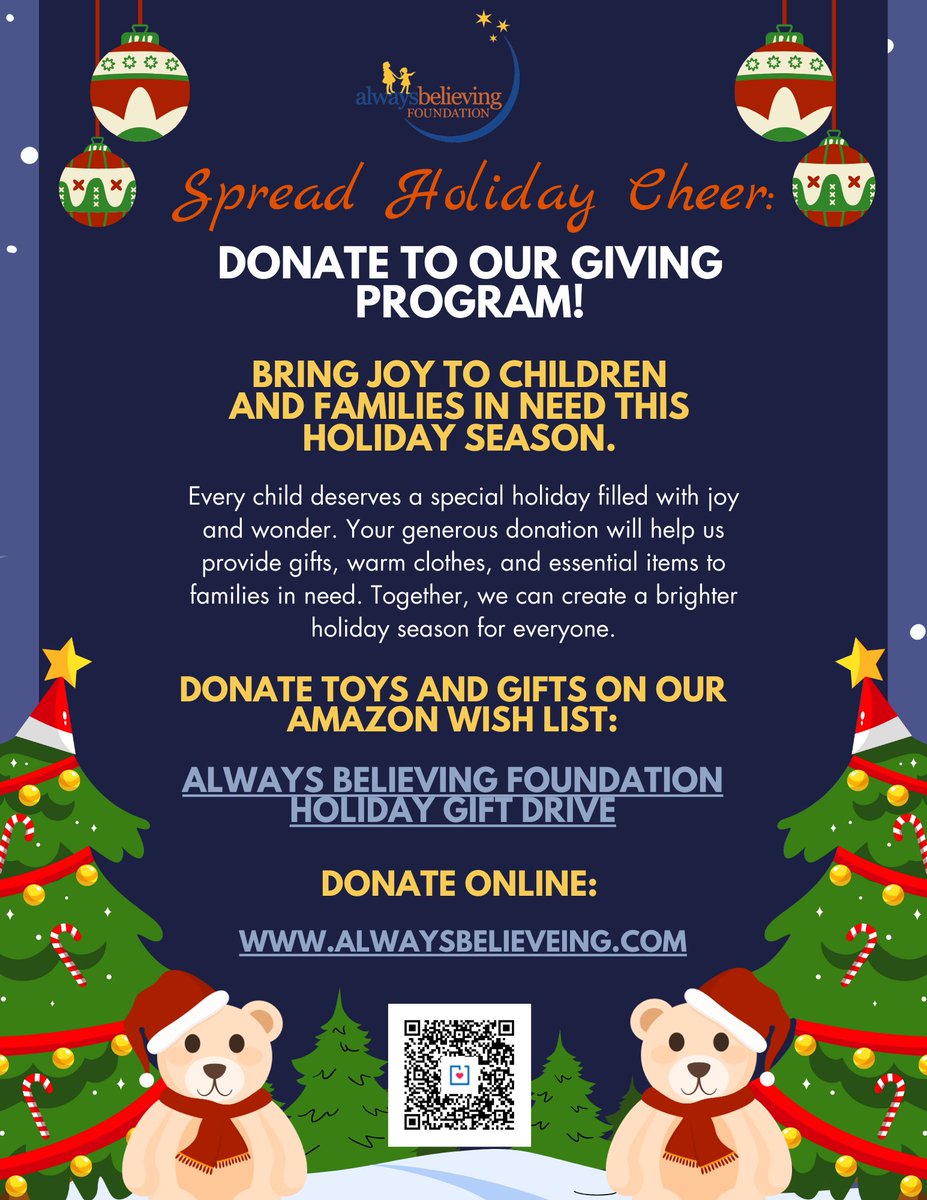 Help us bring joy to children &amp; families this holiday season with the Always Believing Foundation.

Donate toys/gifts on our Amazon Wish List:  amazon.com/hz/wishlist/ls…
or online:
Always Believing Foundation
AlwaysBelieving.com
Happy Holidays
#AlwaysBelieving #HolidayGiving