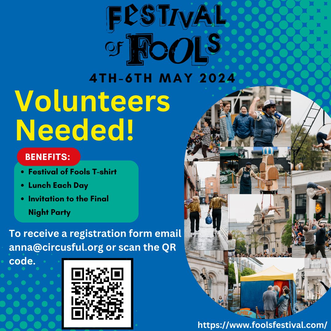 Volunteers Wanted!! #FOF24 Festival of Fools is coming back, and we'd love you to join the 2024 Volunteer Team! Please contact anna@circusful.org for more info or scan the QR below to fill in the form. @CQBelfast @VisitBelfast @VolunteerNow1