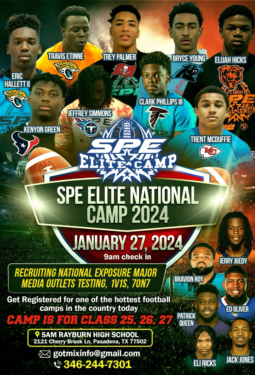 .<a href="/TrayGilmore/">⭐️Tray Gilmore ⭐️</a> You're invited to compete vs some of the best players in the country at the SPE Elite National Camp January 27, 2024 at Sam Rayburn HS in Houston,TX . Click link and  fill out registration info ASAP.  form.jotform.com/223443308256150