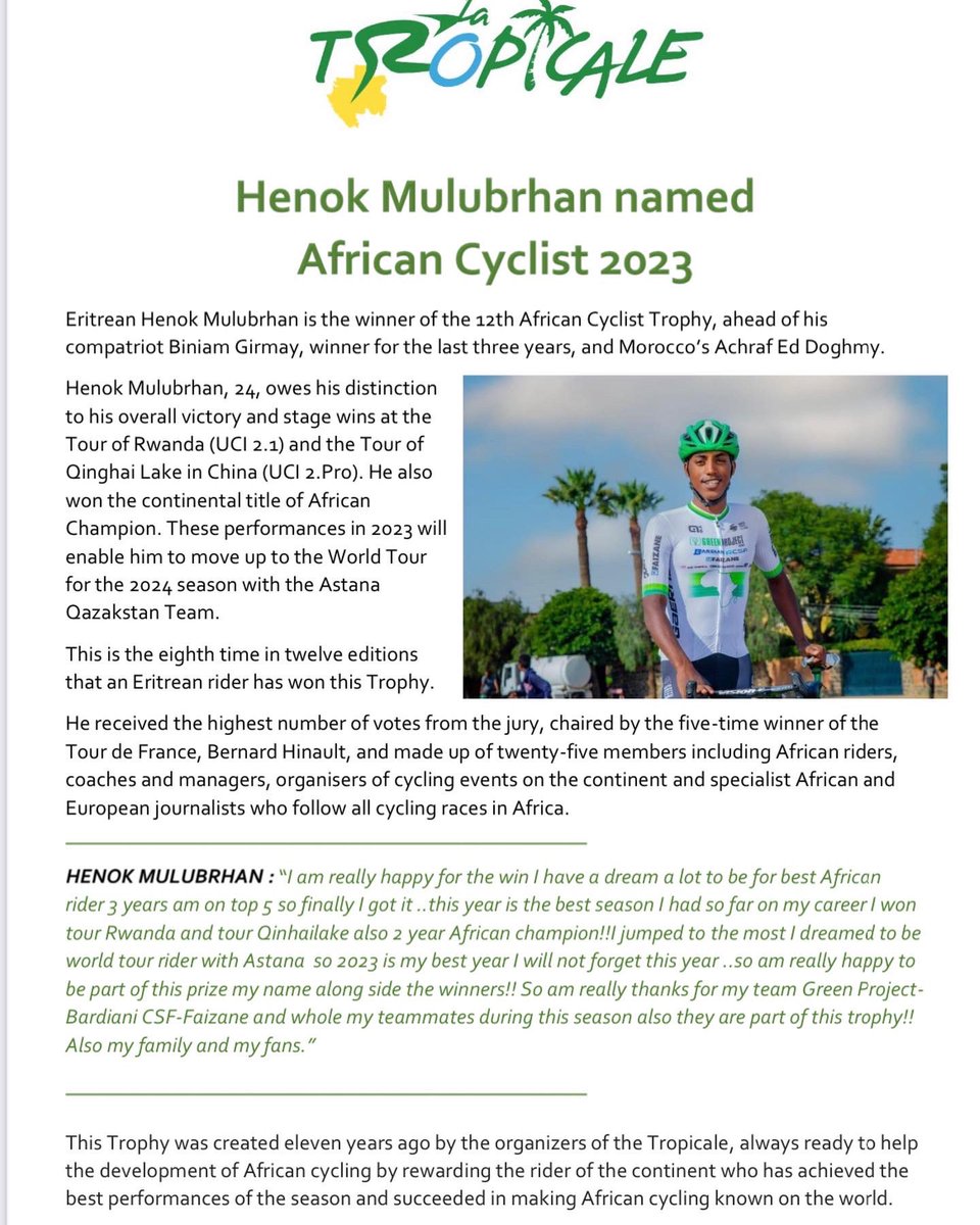 I'm very honored to receive this important prize as 'The best African Rider 2023', this prize represents the reward for my best season till now. Thank you very much to the Organiser of this prize and to the Jury leaded by Bernard Hinault, one of the best riders ever 🙏🏻