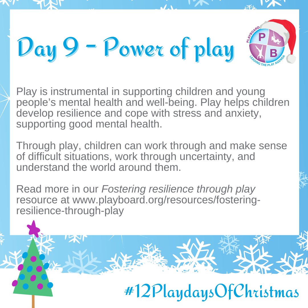 It's Day 9⃣ of #12PlaydaysOfChristmas - 𝗧𝗵𝗲 𝗣𝗼𝘄𝗲𝗿 𝗼𝗳 𝗣𝗹𝗮𝘆!🦸

Play is instrumental in supporting children &amp; young people’s mental health &amp; well-being. Play helps children develop resilience &amp; to cope with stress &amp; anxiety.

Read more at playboard.org/resources/fost…