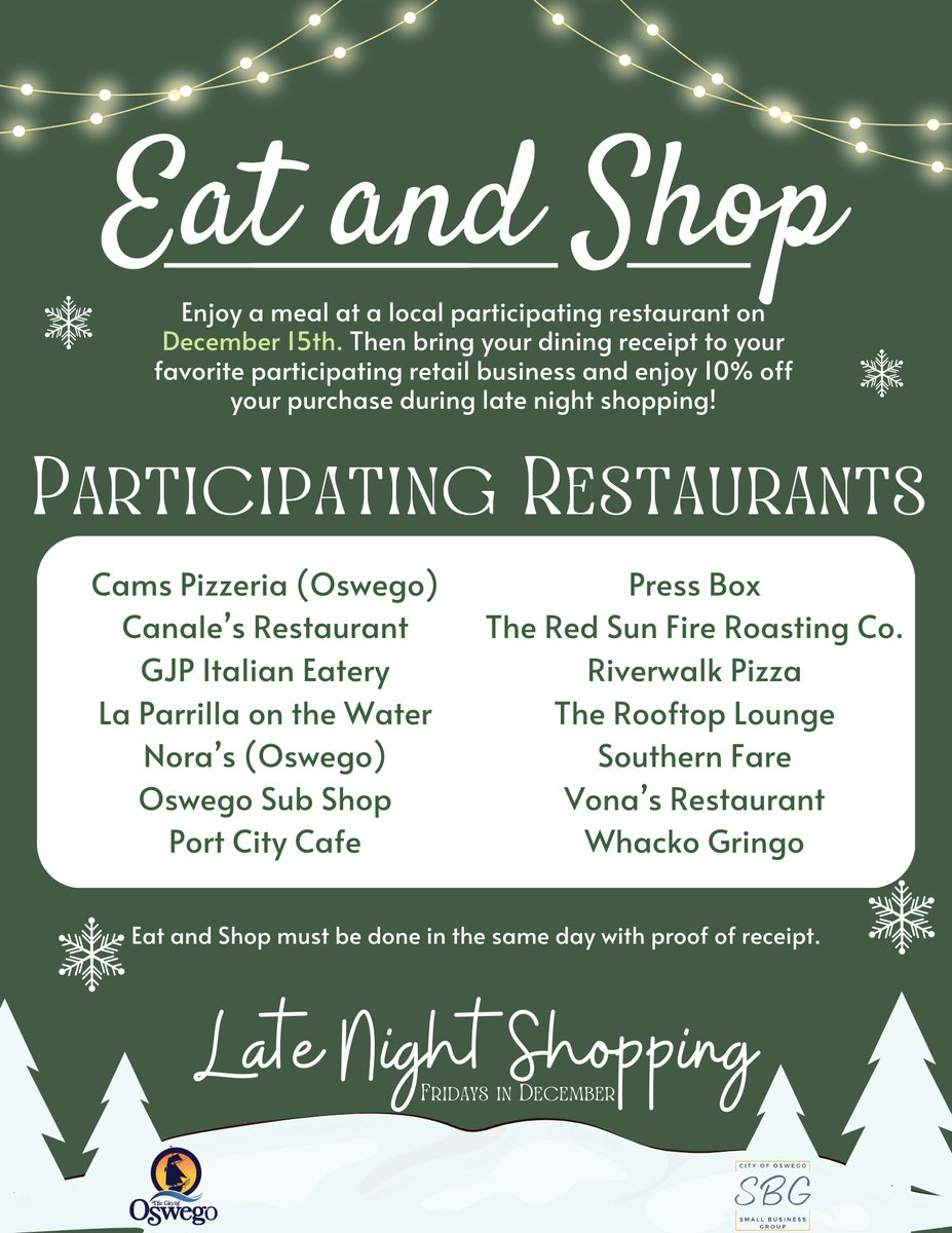 Annual Eat &amp; Shop is today! Enjoy a meal at local participating restaurants on December 15th. Then bring your dining receipt to your favorite participating retail business &amp; enjoy 10% off your purchase during late night shopping! Thank you for supporting our local businesses🎁
