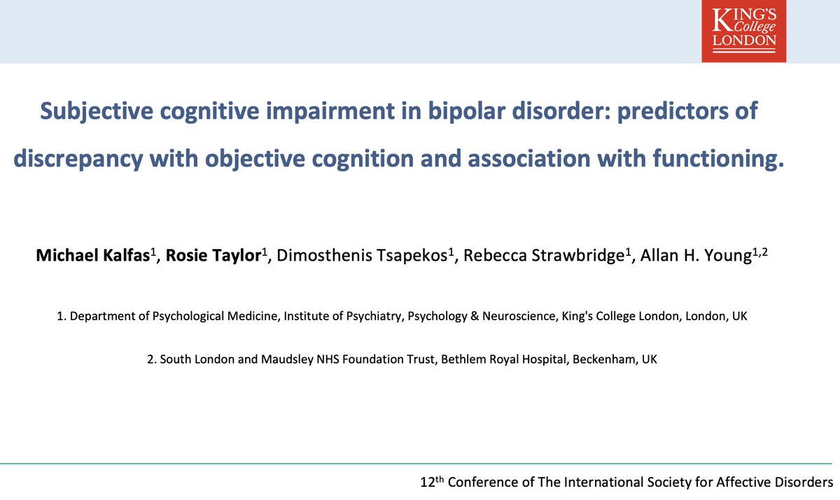 <a href="/kalfas_michael/">Michael Kalfas</a> &amp; #BeyonTheRoom correspondent <a href="/Rosie_H_Taylor/">Rosie</a> from <a href="/kclcfad/">KCL CfAD</a> will now tell us about the “Subjective cognitive impairment in #bipolardisorder: predictors of discrepancy with objective cognition and association with functioning”   

#ISAD2023 

THREAD 👇