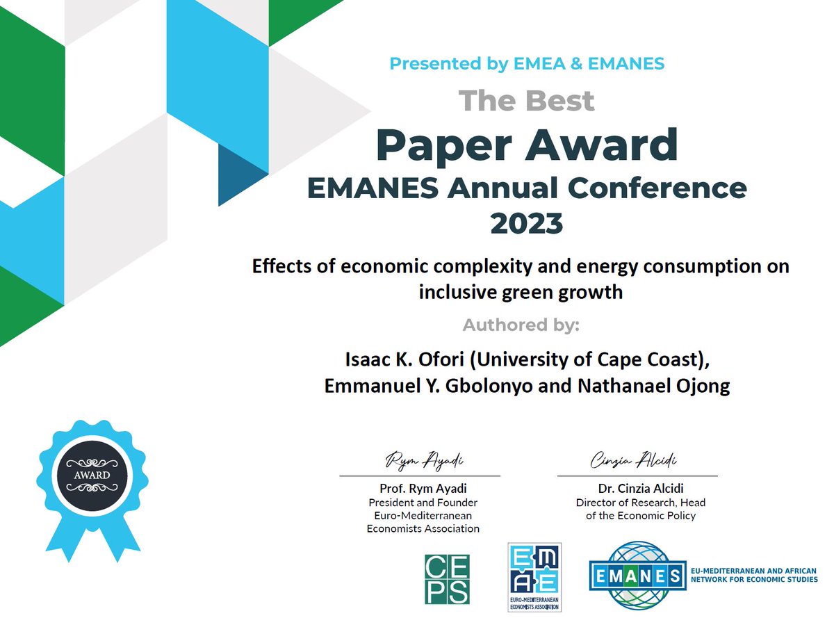 The #EMANES2023 best paper awards:
1. Effects of economic complexity and energy consumption on inclusive green growth
2. GVC and Labor Market Outcomes: Evidence from MENA
3. Interpretable machine learning models for ESG stock prices under transition and physical climate risk