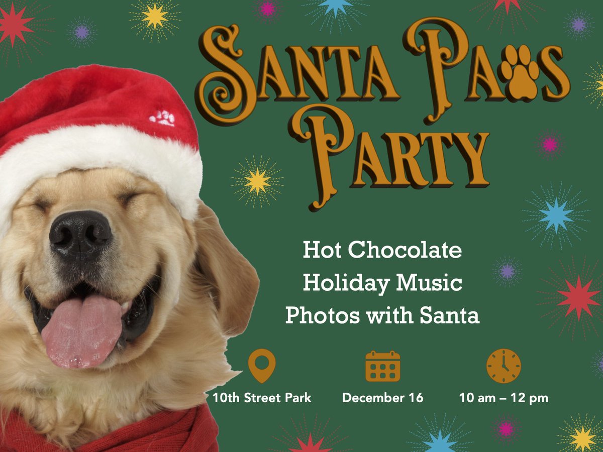 ✨ HAPPENING TOMORROW ✨ Santa Paws Party @ the 10th Street Park! 🐾 🎅 Photos with Santa ☕ Free hot chocolate from Dancing Goats 🎶 Holiday music This family-friendly event is free, open to the public, and perfect your pups too! Holiday attire is encouraged. See you there!🎄