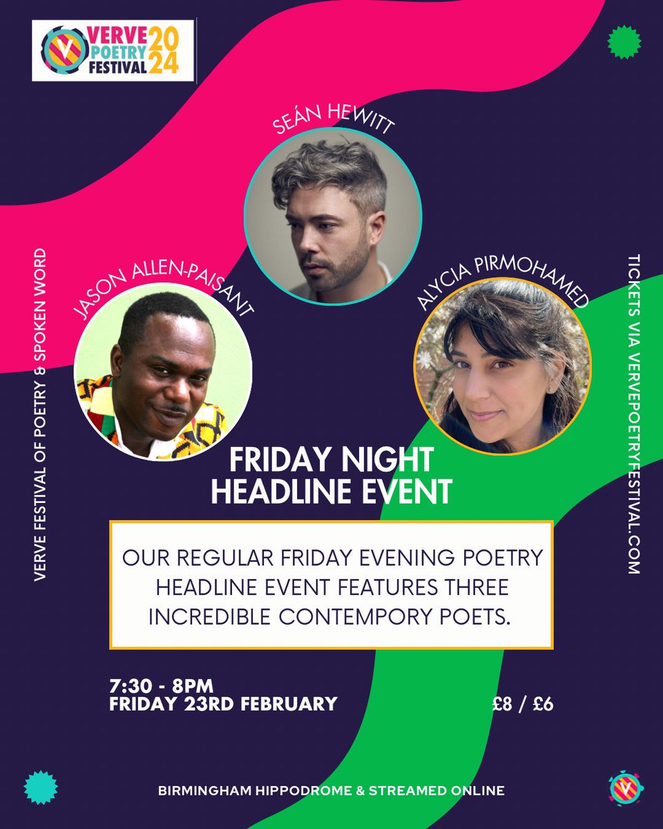 Verve’s regular Friday evening poetry headline event features three incredible contempory poets. @seanehewitt’s debut full collection Tongues of Fire (Cape, 2020) won the Laurel Prize in 2021, and the follow up, Rapture’s Road (Cape, 2024) is brand new for VERVE.