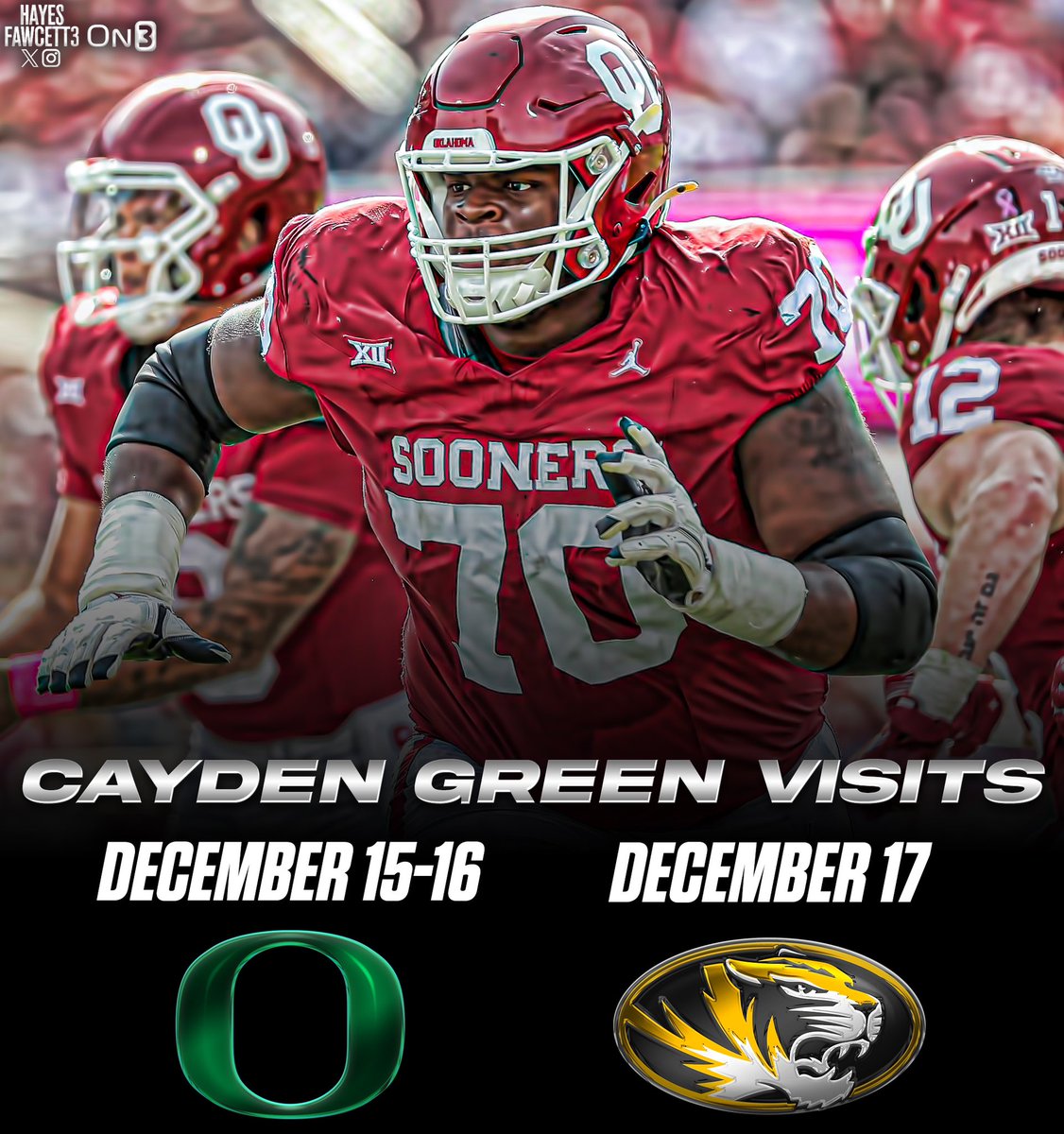 NEWS: Former Oklahoma OL Cayden Green has locked in visits to Oregon and Missouri, he tells @on3sports The 6’5 325 OL will visit Oregon today & tomorrow, and then make the trip to Missouri on Sunday Green is one of the Top OL in the Portal on3.com/news/former-ok…