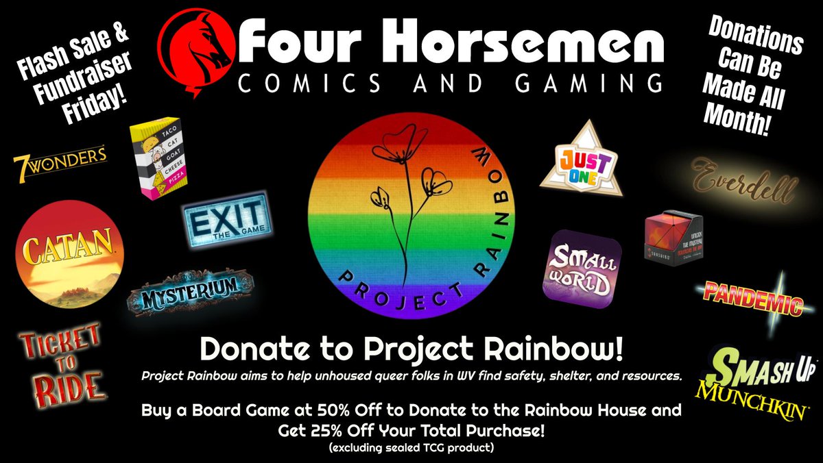 4HorsemenComics's tweet image. Today is not just Flash Sale Friday but also Fundraiser Friday! Support #ProjectRainbow by buying their Rainbow House a board game at 50% off. By doing so, you will earn 25% off the rest of your store purchase! This great opportunity runs through the rest of the month!