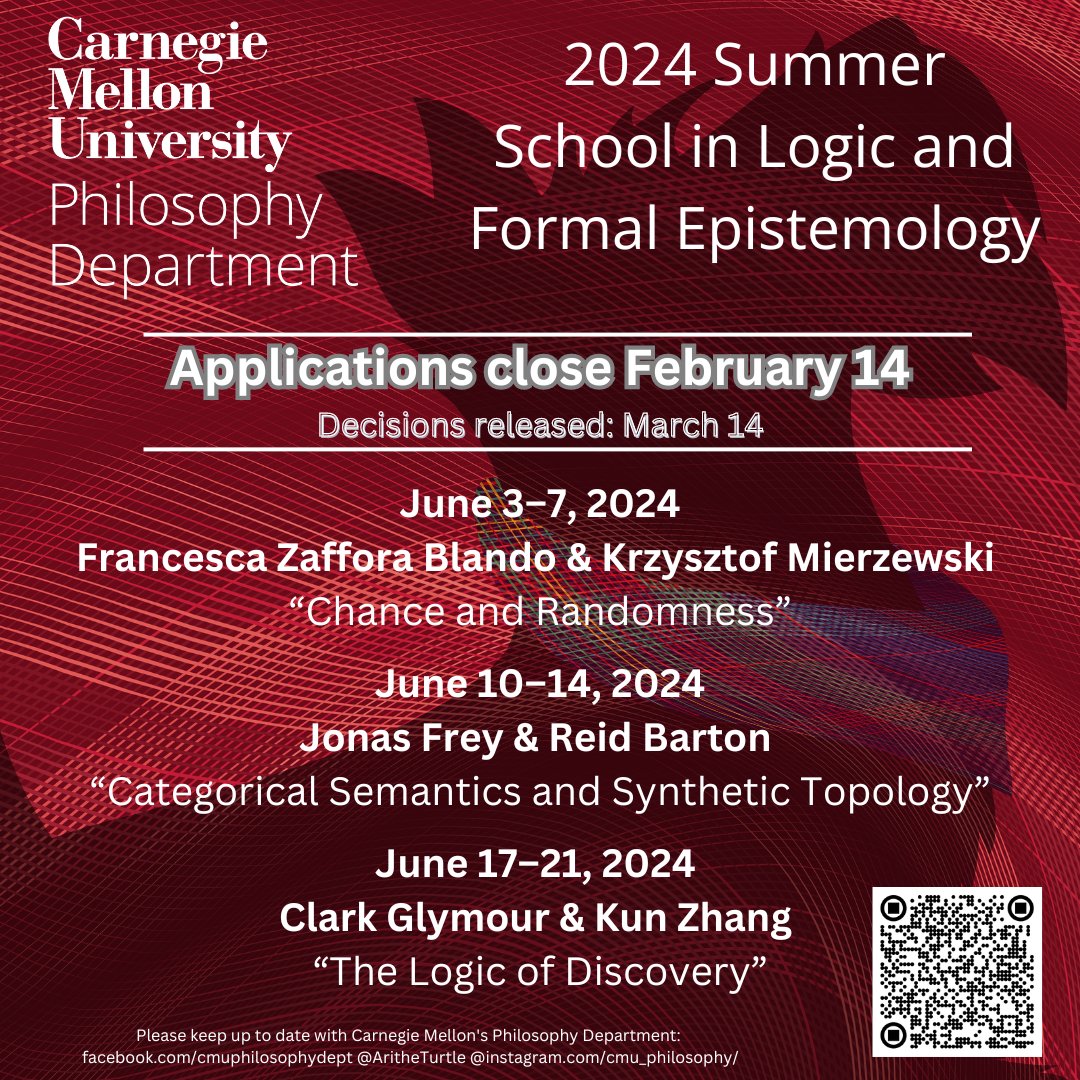 Know an undergraduate who likes philosophy and also likes math? If so, we've got a summer school for them. The CMU Summer School for Logic and Formal Epistemology is accepting applications for Summer 2024. cmu.edu/dietrich/philo…