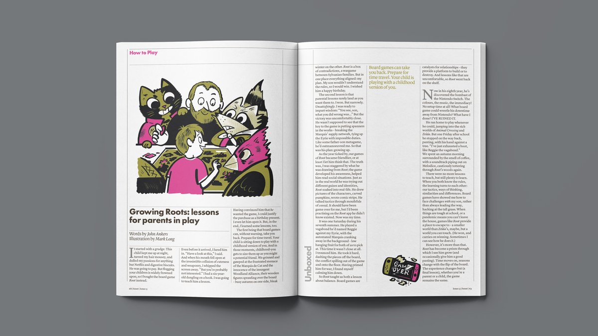 ICYMI: Issue 13 is out now! In which <a href="/DrJohnAnkers/">John Ankers</a> shares what he learned about playing Root with his kid. Go to senetmagazine.com to order a copy or subscribe. Illustration by <a href="/markalexlong/">Mark Long</a>. #boardgamesarebeautiful