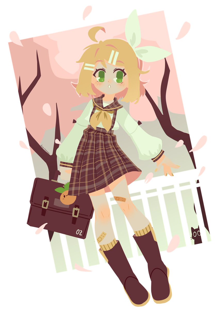 kagamine rin 1girl skirt bandaid on leg solo blonde hair hair ornament plaid  illustration images