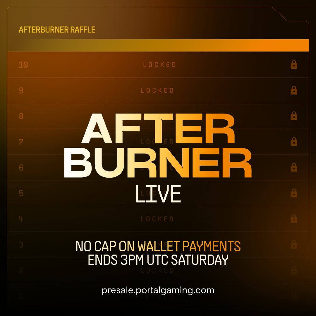 THE AFTERBURNER PHASE OF THE SALE IS LIVE Open to everyone. 23.5 hours to go. The bigger your ticket, the higher its chance of selection in the raffle. There are no wallet caps in this phase. All purchases in previous blocks are guaranteed.