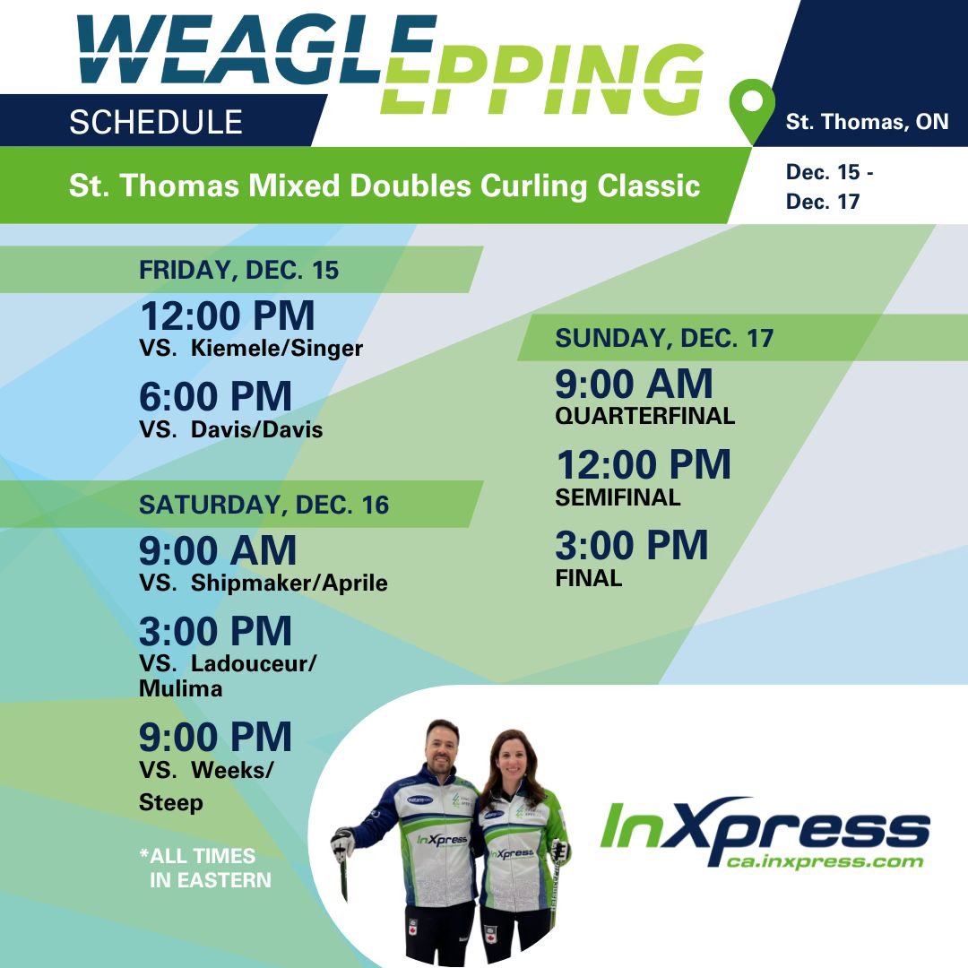 Here’s our schedule for the St. Thomas Mixed Doubles Curling Classic. Admission is free and open to the public 🥌 #weagleepping #mixeddoublescurling #curling