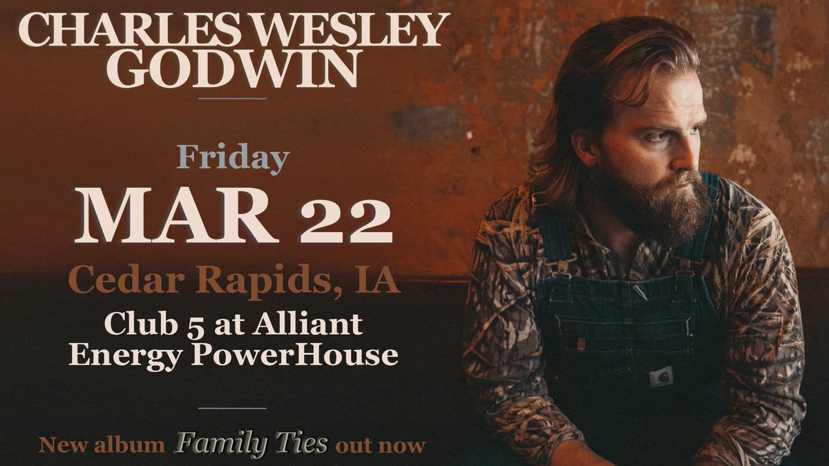 Charles Wesley Godwin is heading to Cedar Rapids on March 22 to play Club 5 @ Alliant Energy PowerHouse!  Stephen Wilson, Jr. kicks off the show. Tickets go on sale Friday, December 22nd at 10am local.

creventslive.com/events/2024/ch…