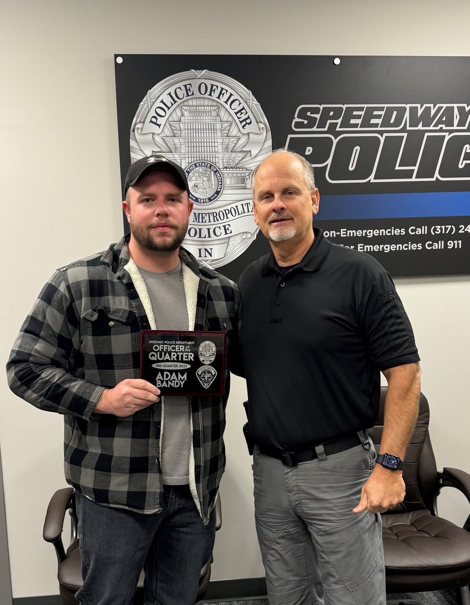 Speedway Police Department (@speedwaypd) on Twitter photo Recently, Adam Bandy was recognized as the <a href="/SpeedwayPD/">Speedway Police Department</a> Officer of the Quarter for 2023 Q3. A plaque recognizing his accomplishment was donated by Indiana Memorial Funeral Care and presented by Chief Upchurch. Thank you for your service and congratulations on this accomplishment. Recently, Adam Bandy was recognized as the <a href="/SpeedwayPD/">Speedway Police Department</a> Officer of the Quarter for 2023 Q3. A plaque recognizing his accomplishment was donated by Indiana Memorial Funeral Care and presented by Chief Upchurch. Thank you for your service and congratulations on this accomplishment.
