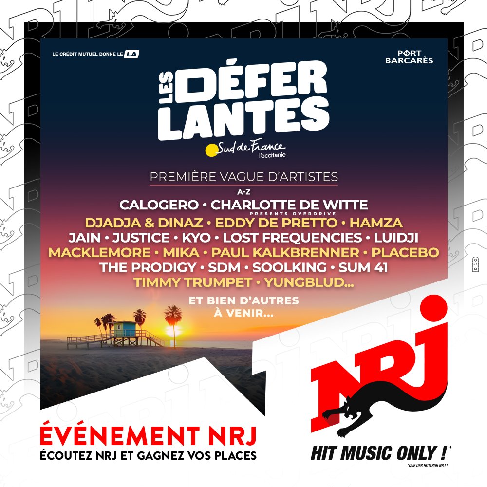 Les premiers noms du festival <a href="/lesDeferlantes/">Les Déferlantes Sud de France</a> sont sortis ! 🔥 

Au programme : <a href="/Jainmusic/">JAIN</a>, <a href="/LFrequencies/">Lost Frequencies</a>, <a href="/yungblud/">YUNGBLUD</a>, @eddydepretto, <a href="/macklemore/">Macklemore</a> et bien d'autres 👀

On se retrouve du 10 au 13 juillet 2024 avec NRJ ✨