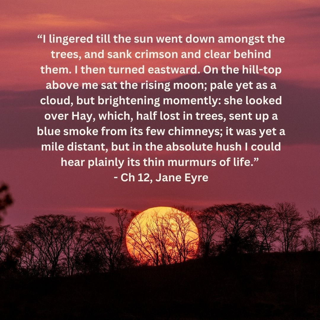 “I lingered till the sun went down amongst the trees, and sank crimson and clear behind them. I then turned eastward. On the hill-top above me sat the rising moon' - Ch 12, #JaneEyre #charlottebronte #romancereader #naturetheme #classicliterature #nature #literaryquotes
