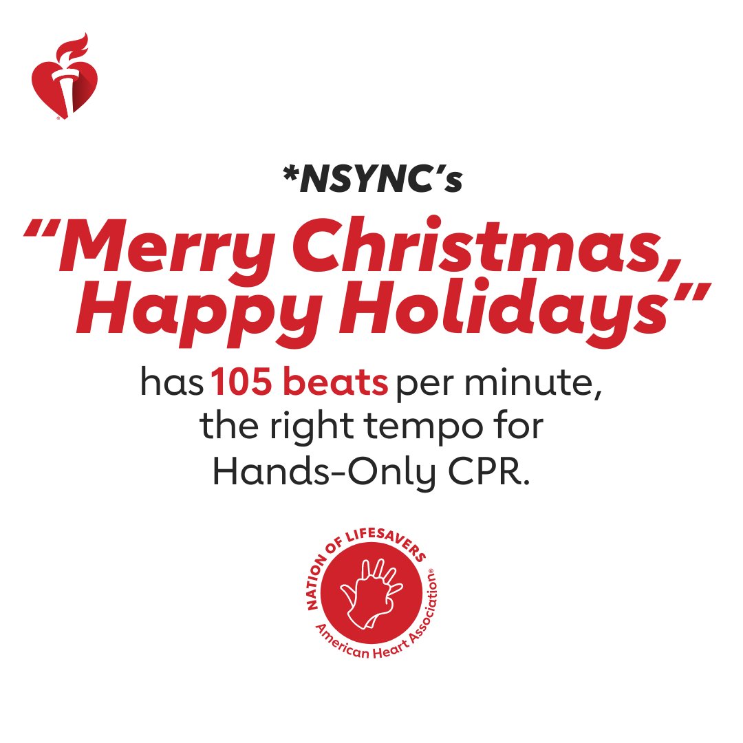 ‘Tis always the season to learn to save a life with Hands-Only CPR. If you see a teen or adult collapse, call 911 and push hard & fast in the center of the chest at a rate of 100-120 beats per minute. Keeping a song in mind can help you stay on tempo. #NationofLifesavers @nsync