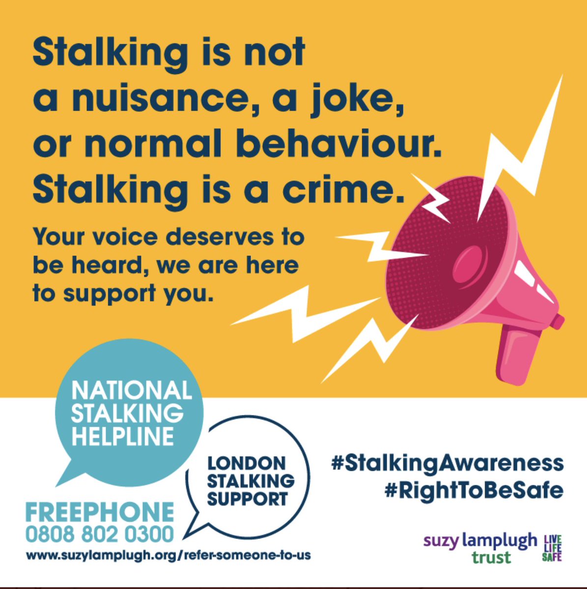 Suzy Lamplugh Trust (@live_life_safe) on Twitter photo Our National Stalking Helpline has reopened today.
If you, or someone you know, has been a victim of stalking, you can get in contact with <a href="/TalkingStalking/">Stalking Helpline UK</a> at 0808 802 0300 or through our online tool suzylamplugh.org/am-i-being-staā¦.
#StandingAgainstStalking Our National Stalking Helpline has reopened today.
If you, or someone you know, has been a victim of stalking, you can get in contact with <a href="/TalkingStalking/">Stalking Helpline UK</a> at 0808 802 0300 or through our online tool suzylamplugh.org/am-i-being-staā¦.
#StandingAgainstStalking