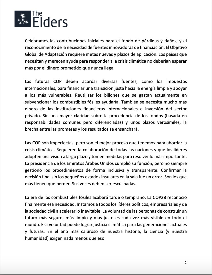 Esta es nuestra posición, como Elders, sobre los resultados de la #COP28 : theelders.org/news/cop28-eld…