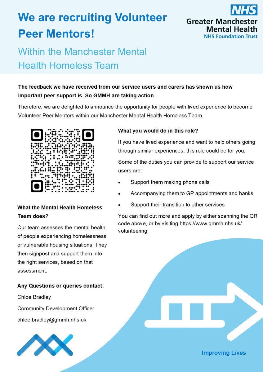 I am excited to announce that the GMMH Homeless Team are recruiting volunteer peer mentors. Visit: gmmh.nhs.uk/volunteering and click Peer Mentor Manchester Mental Health Homeless Team @GMMH_NHS #NHS #volunteering