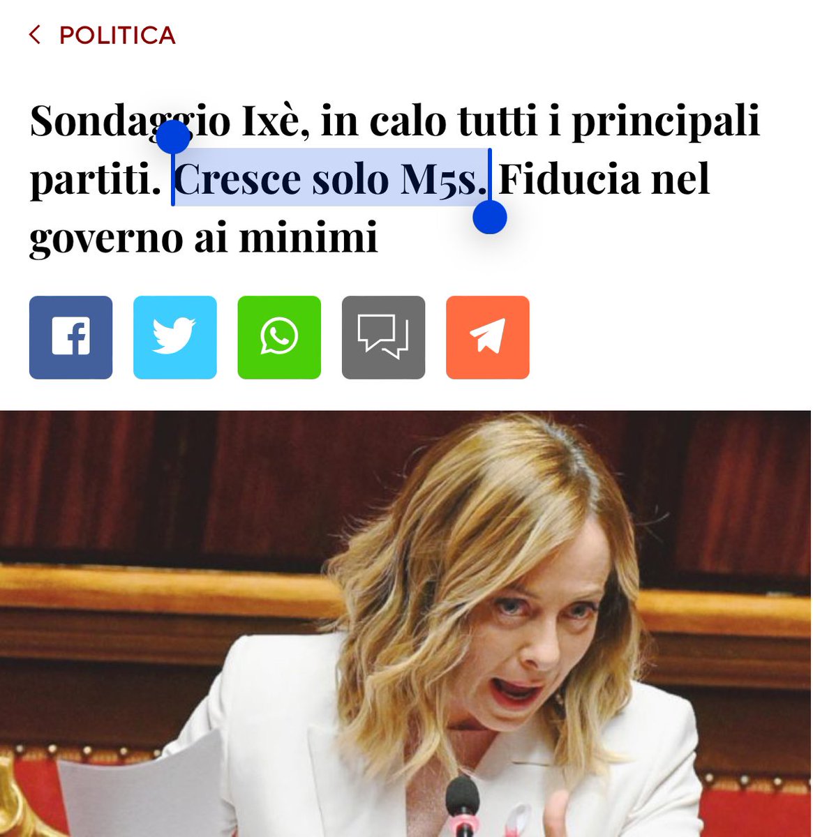 Sondaggi in calo per tutti i partiti, fiducia nel governo #Meloni ai minimi. 
Cresce solo il #m5s, ecco perché la Meloni ha una paura fottuta di #Conte, da arrivare ad infangarlo ogni volta che apre bocca. 
#15dicembre #propagandalive #14dicembre #ottoemezzo #zonabianca